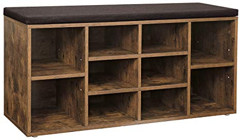 VASAGLE Schuhbank, Schuhregal mit Sitzfläche, Sitzbank mit Stauraum, gut gepolstert, Flurbank mit 10 Fächern, verstellbaren Ablagen, für Schlafzimmer, 30 x 104 x 48 cm, vintagebraun-braun LHS10BX