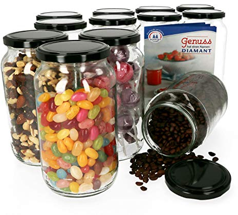 MamboCat 12er Set Einmachglas 1062 ml I Rundgläser Einkochgläser mit Schraubdeckel I Twist Off to 82 I Aufbewahrungsgläser mit Deckel in Schwarz I inkl. Rezeptheft