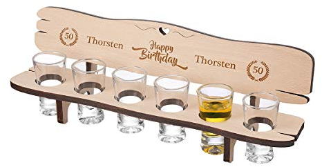 polar-effekt Schnapsbank personalisiert mit 6 Schnapsgläser - Hochwertige Geschenkidee aus Holz ideal für Geburtstag und Jubiläum - Personalisiert - Motiv Happy Birthday