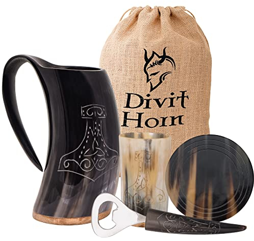 Divit Authentic Viking Horn | Il boccale da birra arcaico | Stile reale; bevi da un vero boccale di corno di bue (Thor | Polished)