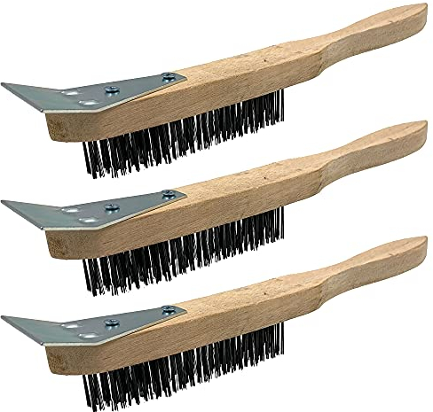 Wooden Wire Brush Set – Heavy Duty 4 Row Steel Brush with Wooden Handle and Metal Scraper, Steel Wire Brush for Rust Removal and Abrasive Cleaning (Set of 3 Wire Brushes)