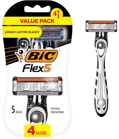 BIC Flex 5 Men's Disposable 5-Blade Razors, Pivoting Head and Precision Edging Blade, 4-Pack