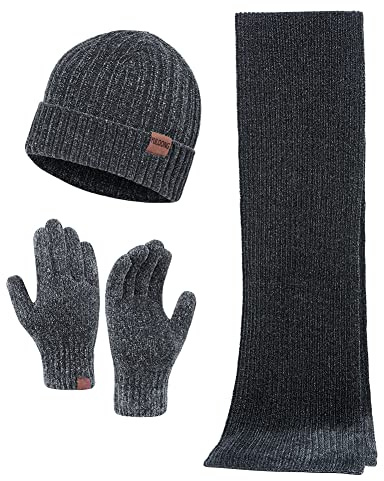 YULOONG Winter Beanie Mütze Schal Touchscreen Fahrhandschuhe 3 in 1 Set für Herren Damen Chenille Rippstrick