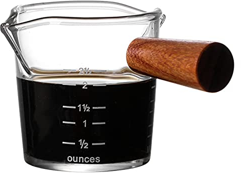 Hapivida Jarra Transparente para espumar Leche, Taza medidora de Doble Pico con Mango de Madera para Cappuccino Espresso Machine Coffee Cafe Latte Maker Art(B)