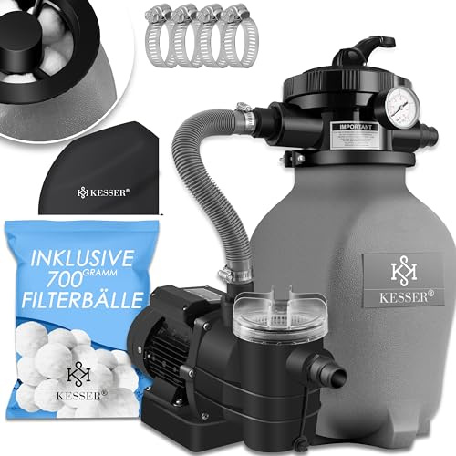 KESSER® Sistema de filtración de Arena Filtro de Arena + 700 g de Bolas de filtración reemplazan 25 kg de Arena de filtración válvula de 7 vías con indicador de presión Filtro de Piscina, Gris