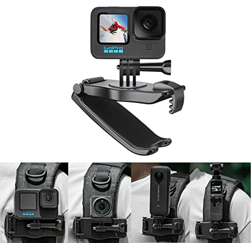 UBEIYI Ryggsäckshållare kompatibel med GoPro, DJI Action 2, OSMO Pocket 2, Insta360 ONE X2, 360 graders vridbar ryggsäck klämma axelrem klämma klämma hållare universell klämma för actionkameror