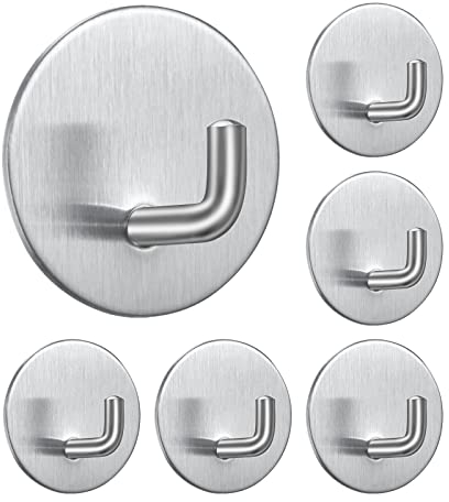 MoonSing Haken Selbstklebend Handtuchhaken, 6 Stück Ohne Bohren, Kleiderhaken Wandhaken Wall Hooks Handtuchhalter Bademantelhaken aus Edelstahl, für Badzimmer Toilette Küche Büro, Silber