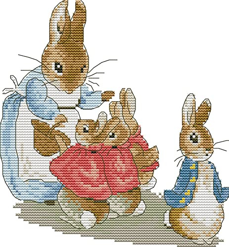 Awesocrafts Kreuzstich Stickpackungen Vorgedruckt Familie Hase Bilder Vorlagen Sticken Set Vorgedruckt 11CT 3 Stränge