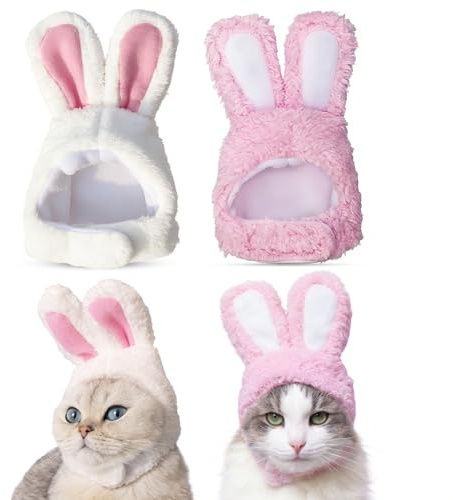 2PCS Bunny Ears for Cat, Plush Rabbit Hat with Ears for Cats & Small Dogs, Cute Easter Party Costume Pet Headwear Accessory