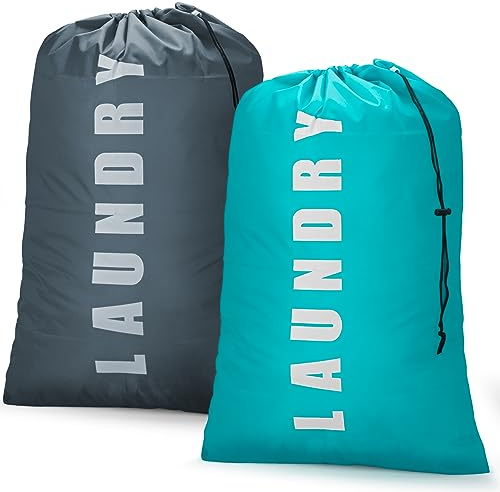 Isink Laundry Bag,2 Pack Travel Laundry Bags for Dirty Clothes,Large Laundry Bags for Camping & Traveling,Dirty Clothes Travel Bag, Travel Essentials 24 x 36 (Cyan + Gray)
