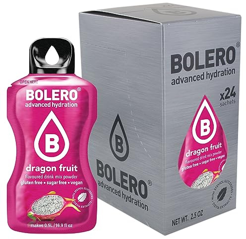 Bolero DRAGON FRUIT 24x3g | Jus en poudre sans sucre, édulcoré à la stévia + vitamine C | pour enfants et sportifs | sans gluten, végétalien | saveur fruit du dragon