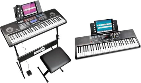 RockJam RJ761 61 Key Keyboard Piano with Keyboard Bench, Digital Piano Stool, Sustain Pedal and Headphones & 61-Key Compact Keyboard with Sheet Music Stand, Power Supply