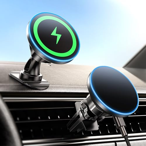 BHHB 15W Magsafe Autoladegerät, 2-in-1 Wireless Auto Kfz Ladegerät, Magsafe Autohalterung mit Ladefunktion, Vent/Dashboard Handyhalterung für iPhone 15 14 13 12 Pro Max Mini Plus Serie Schnellladung