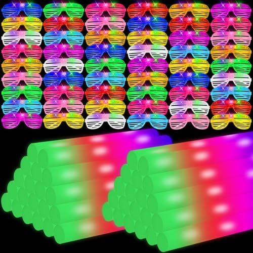 Oleitodh Glow in the Dark Party Supplies Set Bulk Neon Party Favor Toys Includes 20 Led Light up Glasses 10 Color20 Light up Foam Sticks Bulk for Disco Wedding Birthday Concert Halloween Raves Party