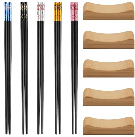 5 paia di bacchette, 5 pezzi di supporto per bacchette, set di bacchette riutilizzabili, supporto per bacchette, bacchette antiscivolo per pasta, utensili da cucina, bacchette in fibra creativa