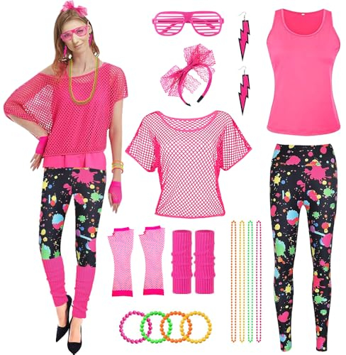 CHMMY Disfraz Años 80 Mujer Camiseta de Malla Chaleco Leggings Ropa Años 80 Accesorios Disfraz Calentadores de Piernas Esposas Collar Venda Pendientes Anteojos Guantes para Carnaval (Rosa, M)