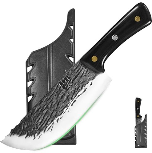 FULLHI Coltello da cuoco manico in legno Tang Butcher Knife con fodero 2pcs, coltello da cucina per esterni, campeggio barbecue (Nero, Coltello da cuoco)
