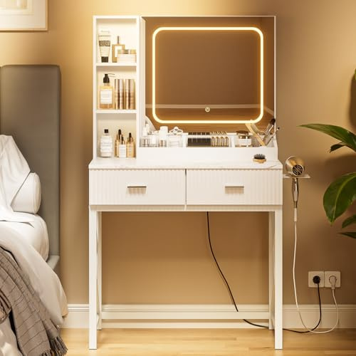 HEYZOEY® Dressing Table with Mirror, 2 Large Drawers, 6 Open Compartments, Hair Dryer Holder, White, 15.75x31.5x54 inches