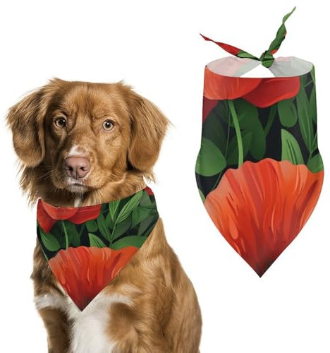 Hundehalstuch, rote Mohnblumen, grüne Blätter, Hundehalstuch, Lätzchen, für Haustiere, Größe L: 70 x 30 cm