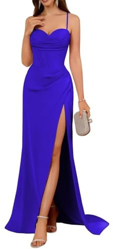 YIANN Robe de soirée longue en satin avec fente sirène et bretelles spaghetti pour femme, bleu marine, 36