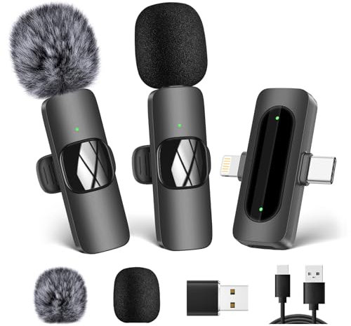 HMKCH 2 IN 1 Wireless Lavalier Mikrofon für Handy/iPhone/Computer, Drahtloses Ansteckmikrofon für Videoaufnahmen, Vlog, TikTok, YouTube, Rauschunterdrückung, Plug-Play Clip on Mikrofon-Sets