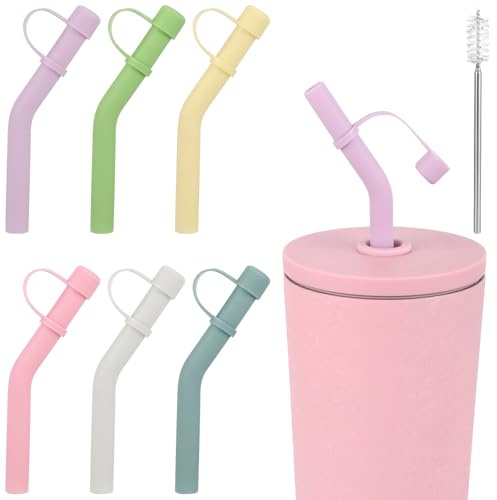 6pcs Embout Paille Silicone avec Capuchon, Réutilisables Embouts de Paille en Caoutchouc avec Brosse Rétractable pour Paille de Diamètre Extérieur 8-9mm Compatibles avec Stanley Pailles