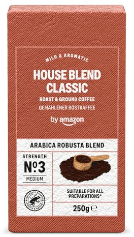 by Amazon House Blend Classic Arabica Robusta Blend Ground Coffee, Strength No. 3 - Medium, 250g
