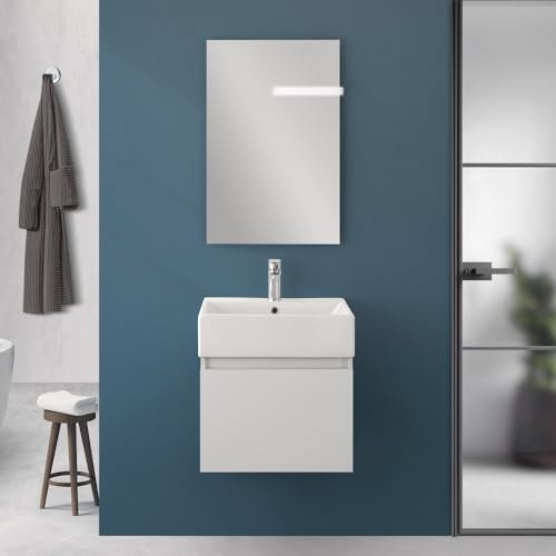Mobiletto Bagno Sospeso Salvaspazio Da 50 Cm In Legno Nobilitato Bianco Linea Kira Con 1 Anta Dalla Chiusura Soft-Close, Completo Di Specchio 50x60 Cm E Lavabo