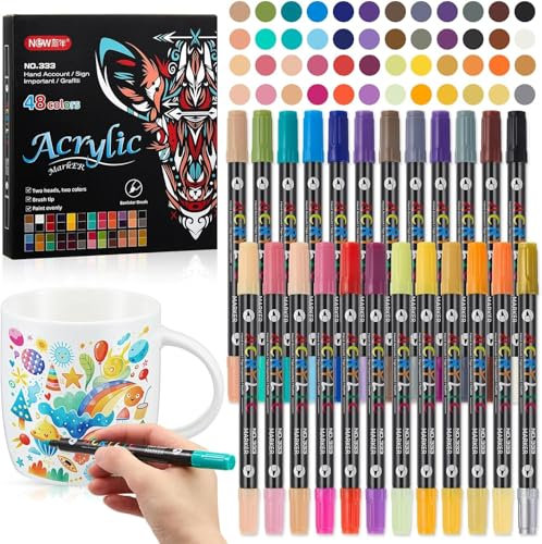 Esoes 24 Acrylstifte für Steine wasserfest mit Doppelspitze,48 Farben Marker Dual Tip Marker für Bemalen Holz Leinwand Keramik Glas,Tassen, Töpferwaren, Keramik, Stein, Holz, Metall