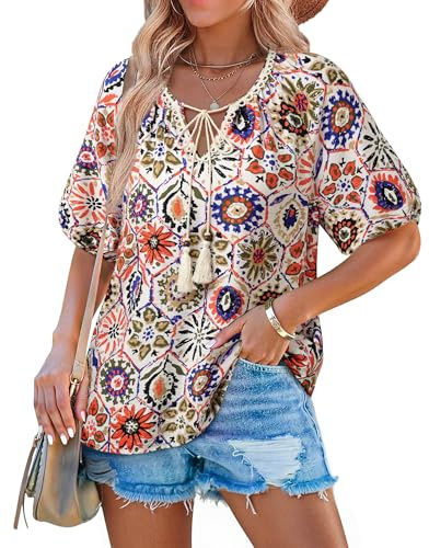 Cerrlop Folkore Bluse Damen Sommer: Leinenbluse Damen Kurzarm Bohemian - Bohemian Kleidung Sommer Kurzarm - Lässiges Blusenshirt für Strandurlaub