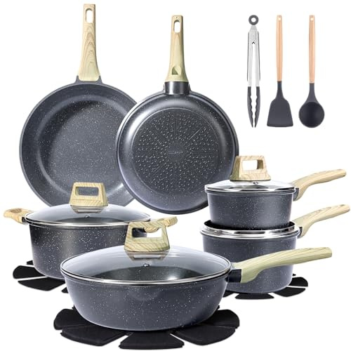 GiPP 18PCS Pots and Pans Set with Granite Non-Stick Coating,Induction Frying Pans Set, Kitchen Cookware Set, Non-Toxic Cooking Pan & Pot Sets for All Hob Types(Grey,18PCS)
