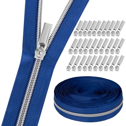 GUBOCA 9 M Reißverschluss,Näh Endlosreißverschluss mit Zipper,mit 30 Stück Reißverschlüsse Zubehör für Taschendekoration (Silber,Blau)