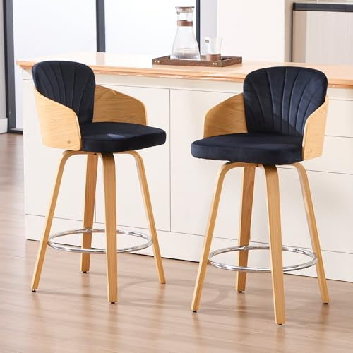 DAYALANE Barhocker 2er Set, Barstuhl Natur mit Lehne aus Samt, Schwarz | Gepolsterter Bistrohocker mit Fußstütze, Bar Stool aus Holz, Tresenhocker Küchenhocker für Küche Bistro Café Theke