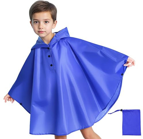 Baogaier Kids Rain Poncho Waterproof Rain Jacket Lightweight with Hood Reusable Raincoat Girls Rain Cape for School Camping, Hiking Outdoor Rainwear for 6-10 Years, Blue