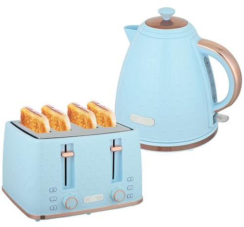 HOMCOM Kettle and Toaster Set, 1.7L 3000W Fast Boil Jug Kettle with Auto Shut Off, 4 Slice Toaster with 7 Level Browning Controls & Crumb Tray, UK Otter Thermostat, Light Blue