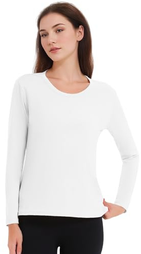 Monbessi Women's Thermal Tops Scoop Neck Ladies Long Sleeve Thermal Vests Thermal Underwear Warm Wicking Thermal Base Layers(L, White)