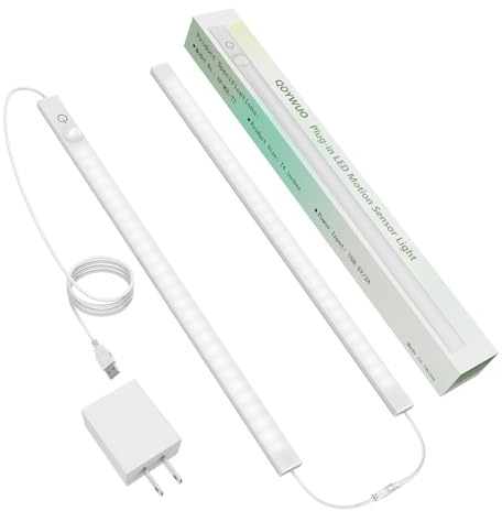 QOYWUO 14 Slim USB Plug-in LED Motion Sensor Light Indoor, Bright & Dimmable Under Cabinet Light - 3 Modes (ON/Night/Day) for Kitchen, Cabinet, Closet - 6000K Cool White, 1 Pack (2 Linkable)
