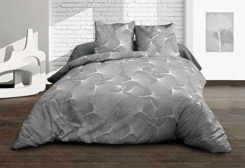 Parure Drap Plat + Drap-Housse 140x190 + 2 T - Pur Coton 57 Fils - Biloba Gris