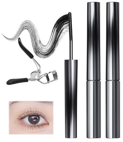 kaiyaya 2 Stück Iron Eye Mascara, 3D Curling Wimperntusche Wasserfest mit Wimpernzange, Borstenlose Metal Mascara, Schlankes Volumen, Natürliche Länge, Wasserfest, Dauerhaftes (Schwarz)