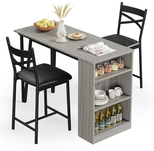 Creperture Juego de mesa de bar de 3 piezas, grupos de comedor con placa plegable, 2 taburetes y 3 estantes laterales, muebles de comedor, mesa de comedor para cocina, restaurante, salón, color marrón