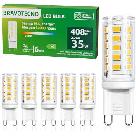 bravotecno G9 LED, clase energética B LED blanco cálido, 2700 K, 2,2 W, 408 lm，equivalente a 35 W, ángulo de haz de 360°, no regulable, bajo consumo térmico y larga vida útil, 6 unidades