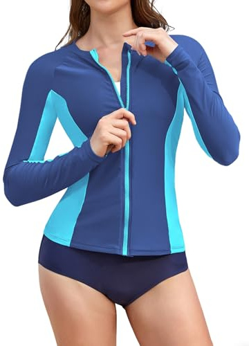 SHEKINI Maglietta rashguard da donna a maniche lunghe, UPF 50+, con cerniera, protezione UV, top sportivo da nuoto, Blu, Azzurro, M