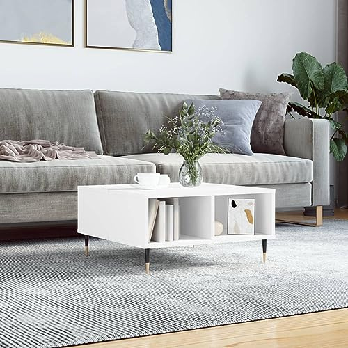 GeenYuu Couchtisch Weiß 60x60x30 cm, Holzwerkstoff, quadratischer Wohnzimmertisch mit 4 Fächern, stabiles Eisen-Gestell, moderner Kaffeetisch für kleine Räume