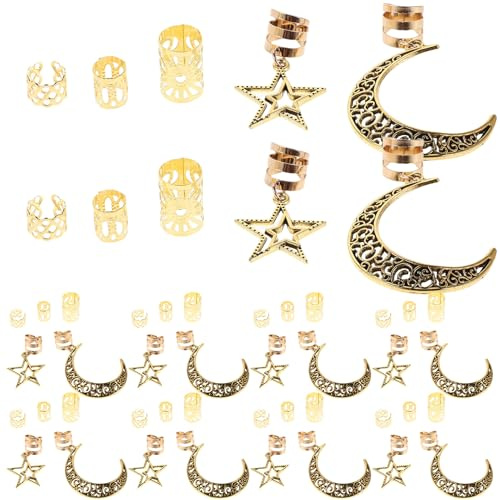 IWOWHERO Set 90 Pezzi Anelli per Trecce in Metallo Fermagli a Forma di Mezzaluna e Stella Polsini e Ciondoli per Dreadlock Accessori Leggeri per Chioma per Feste Matrimoni e Styling