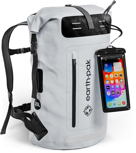 Earth Pak Waterproof Backpack with Roll-Top Closure, Front Pocket, Cushioned Back Panel & Phone Case (Grey, 35L)