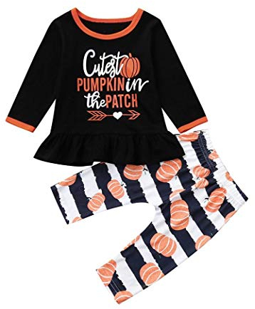 Lazzboy Halloween Baby Mädchen Kostüm Kürbis Print Spruch Top Langarm Outfits Set 2PCS Kleidung Set(Orange,6~12M)