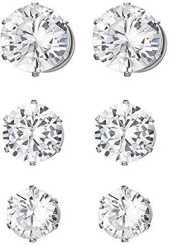 Flongo Boucles d’Oreilles Homme Aimant Non Percées,3 Paires de Boucles d’Oreilles Acier Inpoxydable Sans Trou Magnétique Clip d’Oreilles Zircon Diamant Fantaisie 6/7/8MM - Cadeaux Femme Homme