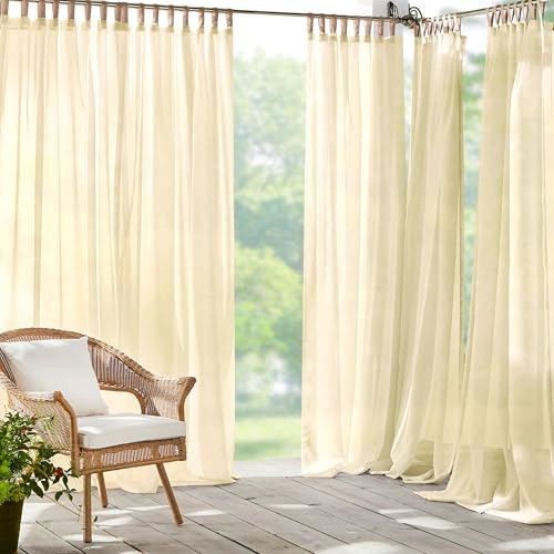 Elrene Home Fashions Darien Weatherproof Tab-Top Sheer Solid Color Indoor/Outdoor Curtain Panel for Porch, Pergola, Patio, Deck, 52”W x 108”L, Natural