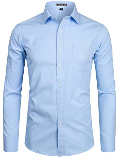 PARKLEES Men's Long Sleeve Dress Shirt Solid Slim Fit Casual Business Formal Button Up Shirts with Pocket Blue S