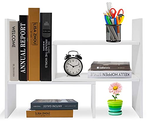 Hossejoy Bücherregal, Einstellbar Standregal Bücherregal, Bücher Halter für Regal, Erweiterbar Standregal Holzregal aus Holz für Büro, Wohnzimmer (Weiß)